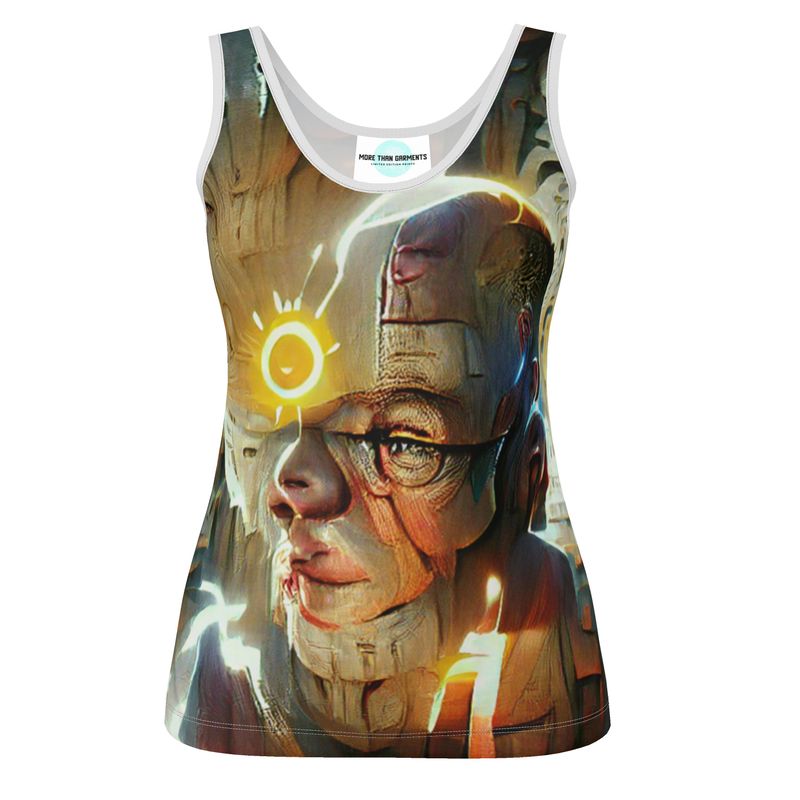 Enlightened - Yellow, Brown & White Scoop Neck, Higher At The Back Ladies Vest Top