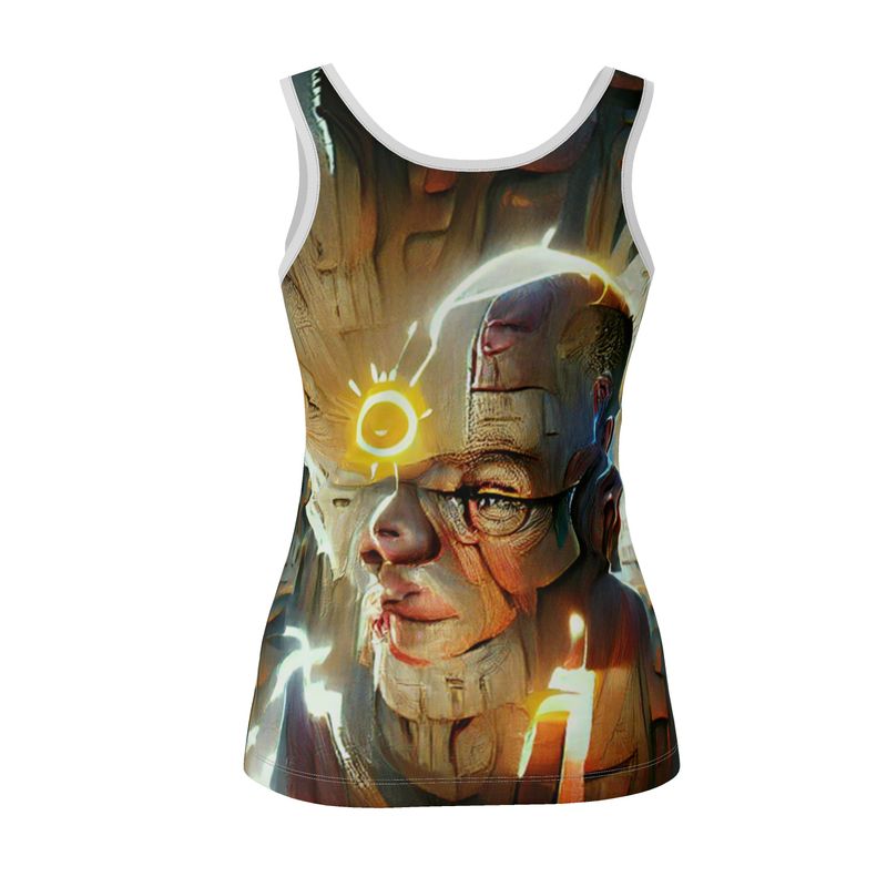 Enlightened - Yellow, Brown & White Scoop Neck, Higher At The Back Ladies Vest Top