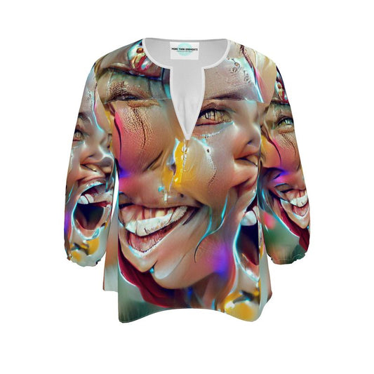 Joy - Multicoloured Rounded Slot Neckline, 3/4 Length Elasticated Sleeves Women's Blouse