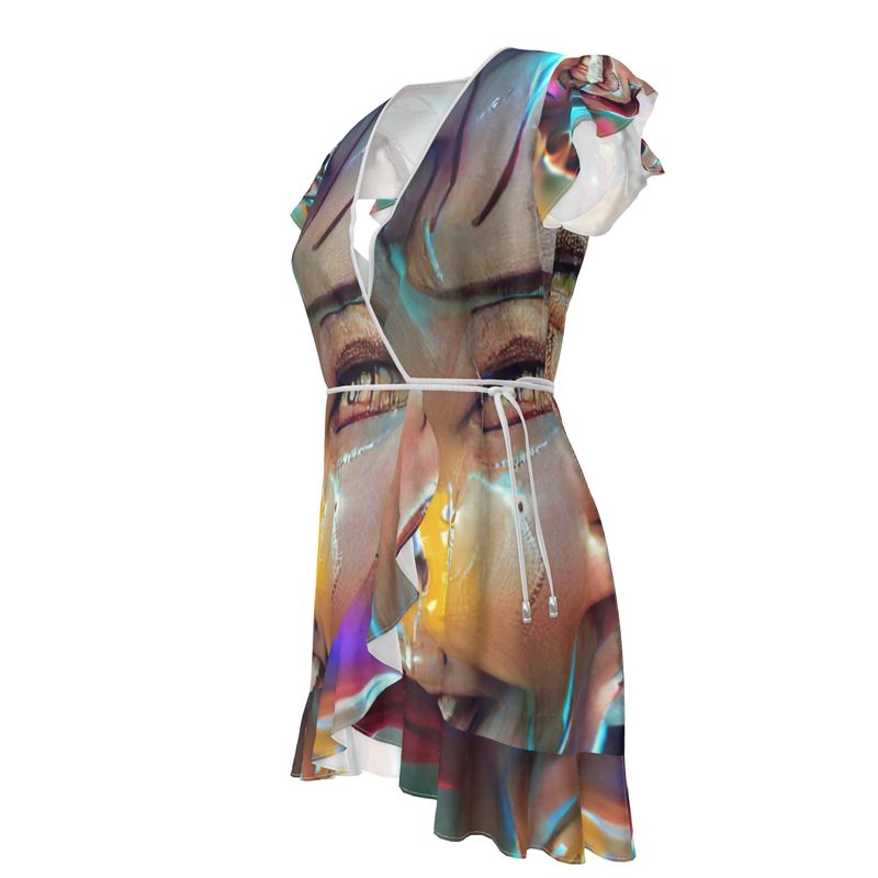 Joy - Multicoloured Flounce Hem & Armholes, Waist Tie, Wrap Design, Fashion Crepe Or Smooth Crepe Tea Dress