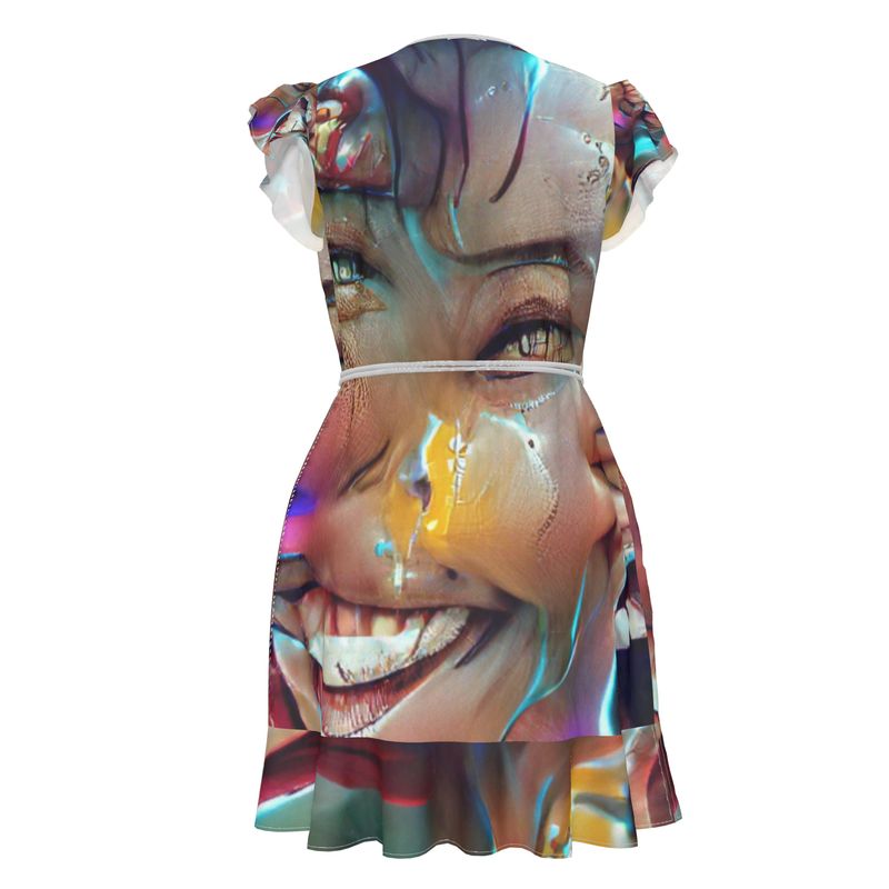 Joy - Multicoloured Flounce Hem & Armholes, Waist Tie, Wrap Design, Fashion Crepe Or Smooth Crepe Tea Dress