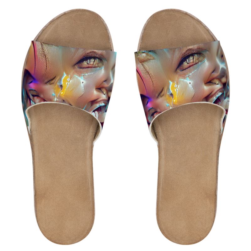 Joy - Multicoloured Leather Band, Cork & Rubber Sole, Leather Suedette Insole, Women's Leather Sliders