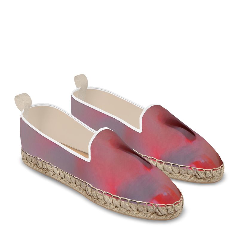 Joy 2 - Two Tone Red Leather, Printed Fabric Or Jute Innersole, Flat Shoe, Rubberised Hard Wearing Sole, Loafer Espadrilles