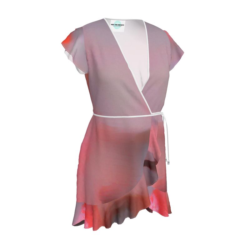 Joy 2 - Two Tone Red Flounce Hem & Armholes, Waist Tie, Wrap Design, Fashion Crepe Or Smooth Crepe Tea Dress