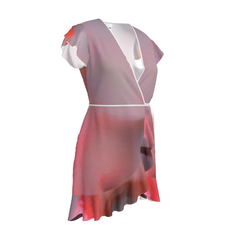 Joy 2 - Two Tone Red Flounce Hem & Armholes, Waist Tie, Wrap Design, Fashion Crepe Or Smooth Crepe Tea Dress