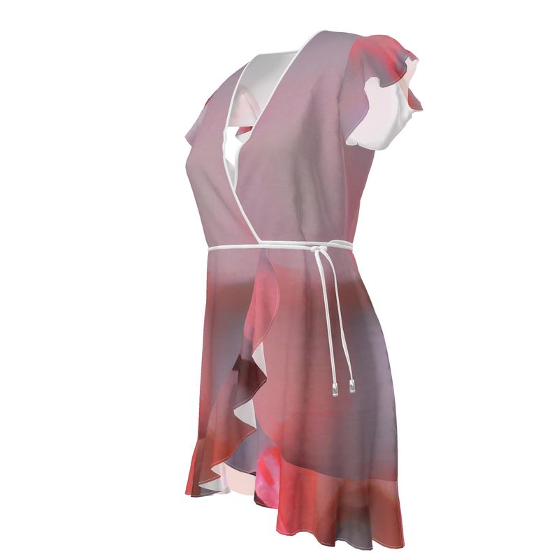 Joy 2 - Two Tone Red Flounce Hem & Armholes, Waist Tie, Wrap Design, Fashion Crepe Or Smooth Crepe Tea Dress