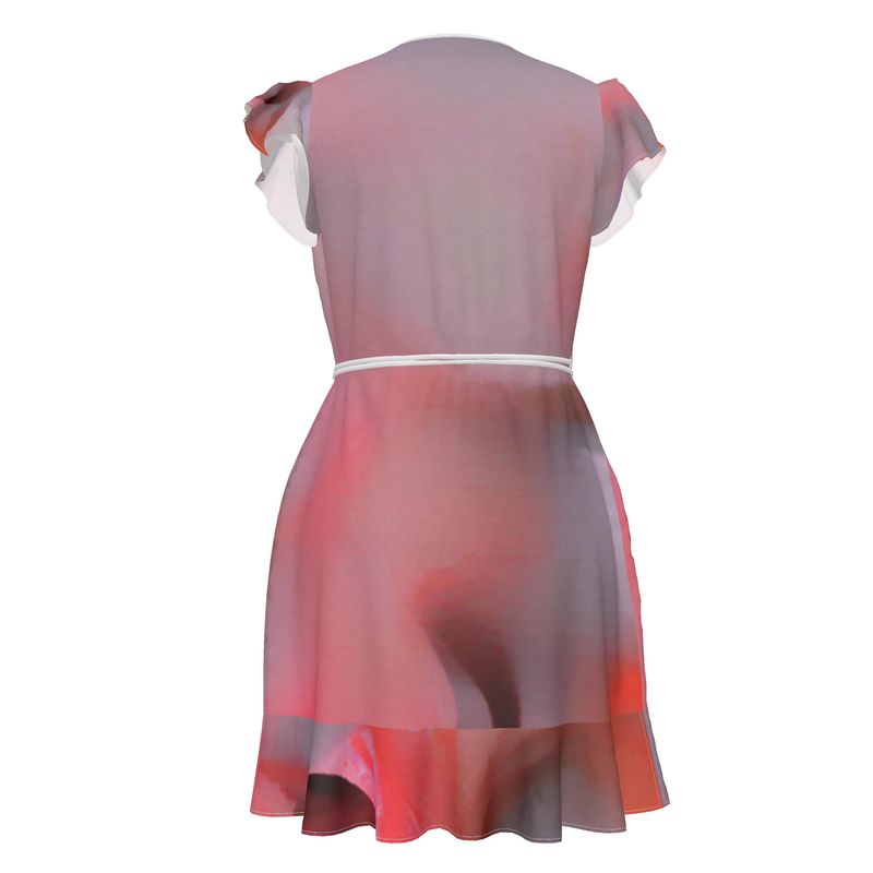 Joy 2 - Two Tone Red Flounce Hem & Armholes, Waist Tie, Wrap Design, Fashion Crepe Or Smooth Crepe Tea Dress