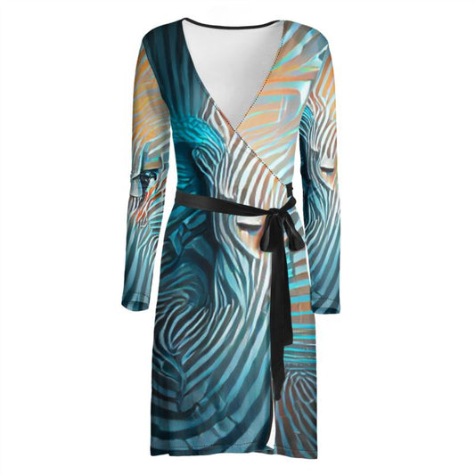 Attraction - Blue Striped V-Neck Long Sleeves, Above Knee Wrap Around Dress Wrap Dress