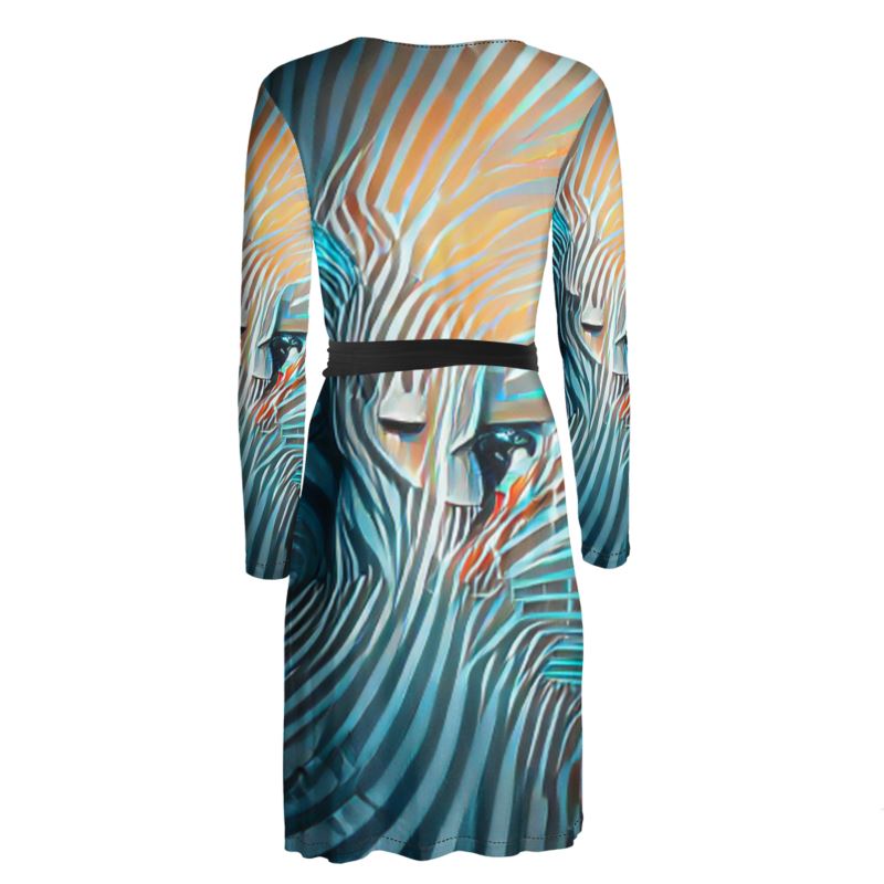 Attraction - Blue Striped V-Neck Long Sleeves, Above Knee Wrap Around Dress Wrap Dress