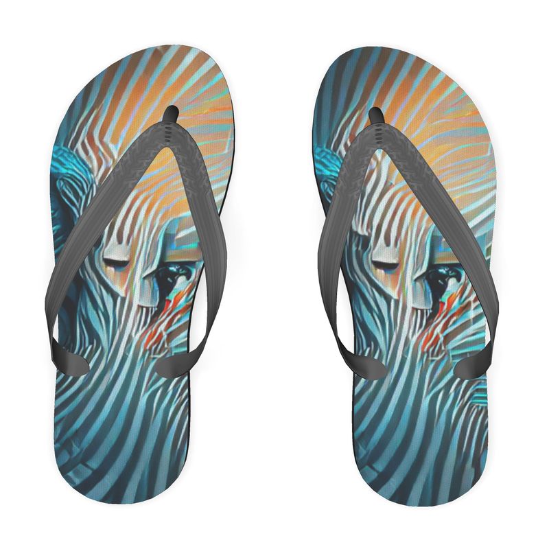 Attraction - Blue Striped Soft Plastic Straps, Covered With Poly-Satin, Sturdy Foam Base Flip Flops