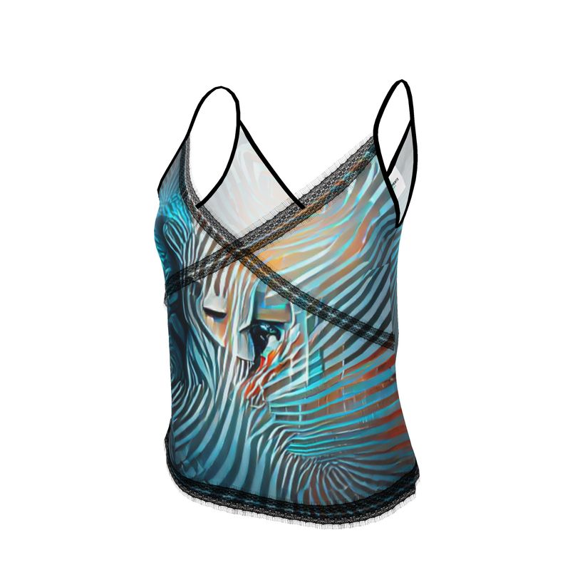 Attraction - Blue Striped V-Neck Front And Back Eyelash Lace Trim Cami