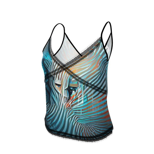 Attraction - Blue Striped V-Neck Front And Back Eyelash Lace Trim Cami