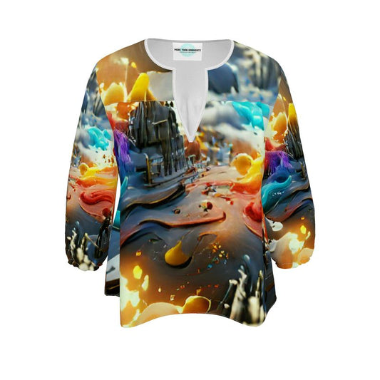 Iridescent - Multicoloured Rounded Slot Neckline, 3/4 Length Elasticated Sleeves Women's Blouse