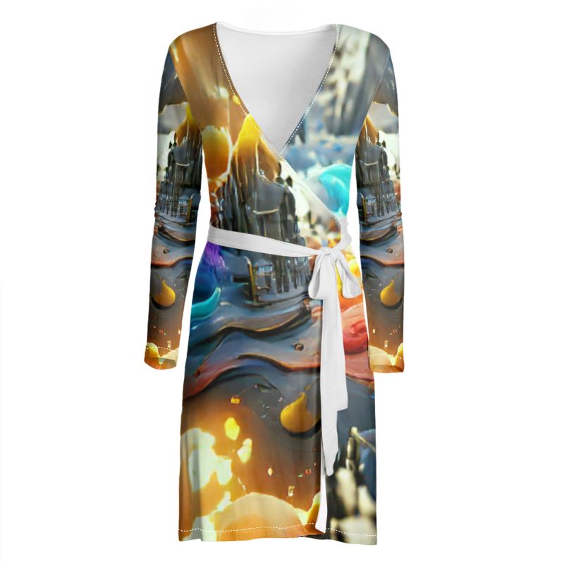 Iridescent - Multicoloured Above Knee Wraparound Dress, V-Neck Long Sleeves, Wrap Dress