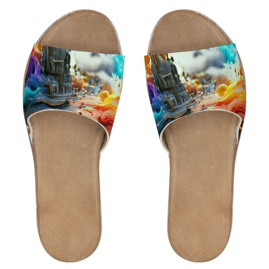 Iridescent - Multicoloured Leather Band, Cork & Rubber Sole, Leather Suedette Insole, Women's Leather Sliders