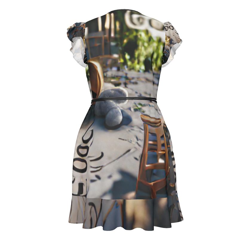 Good - Gold Brown & Grey Flounce Hem & Armholes, Waist Tie, Wrap Design, Fashion Crepe Or Smooth Crepe Tea Dress