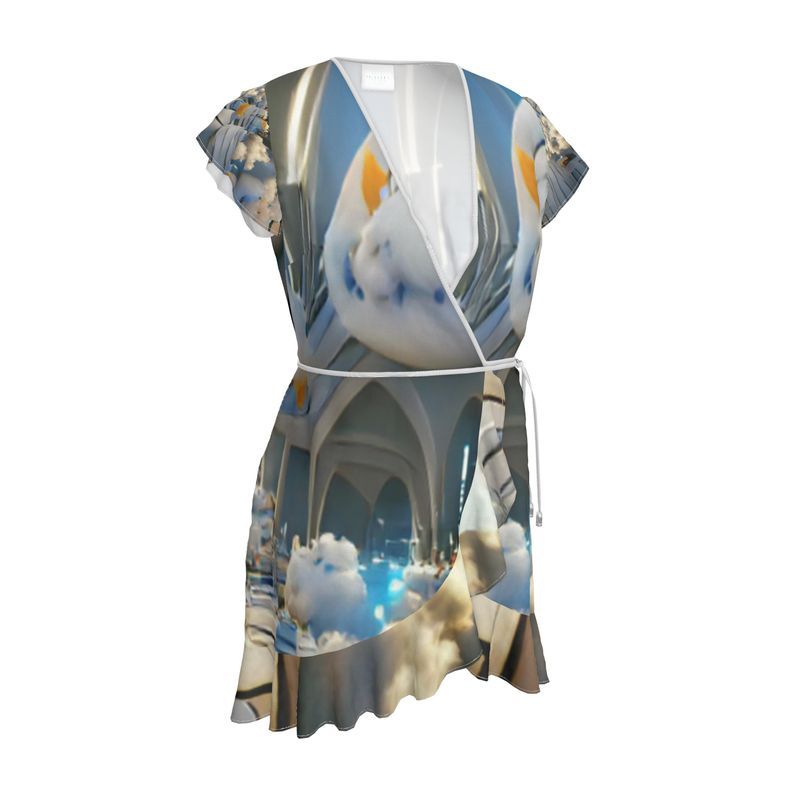 Heavenly Cloud - Blue and White Flounce Hem & Armholes, Waist Tie, Wrap Design, Fashion Crepe Or Smooth Crepe Tea Dress