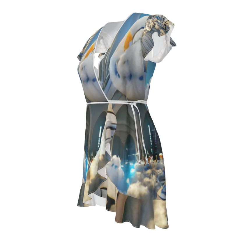 Heavenly Cloud - Blue and White Flounce Hem & Armholes, Waist Tie, Wrap Design, Fashion Crepe Or Smooth Crepe Tea Dress