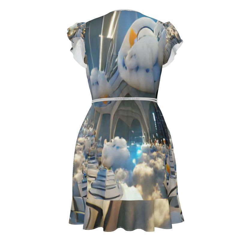 Heavenly Cloud - Blue and White Flounce Hem & Armholes, Waist Tie, Wrap Design, Fashion Crepe Or Smooth Crepe Tea Dress