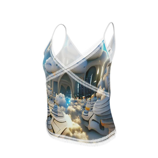 Heavenly Cloud - Blue and White V-Neck Front And Back Eyelash Lace Trim Cami