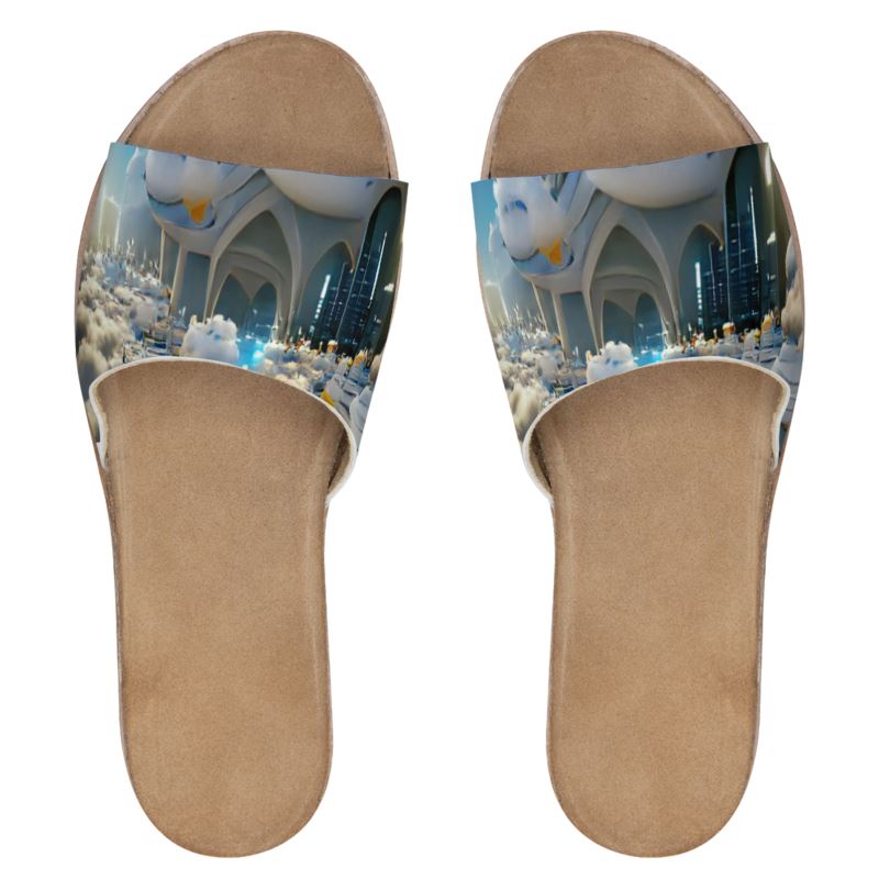 Heavenly Cloud - Blue and White Leather Band, Cork & Rubber Sole, Leather Suedette Insole, Women's Leather Sliders