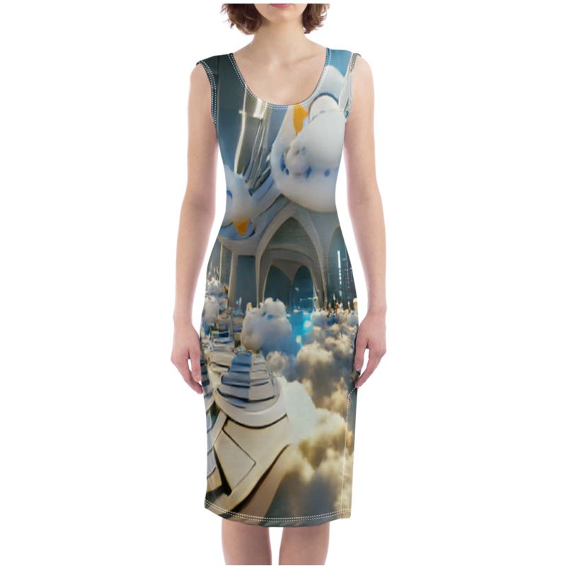 Heavenly Cloud - Blue and White Silky, Slim Fit Split Leg Bodycon Dress