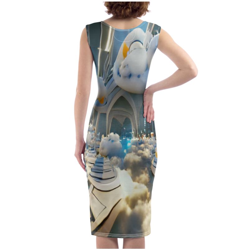 Heavenly Cloud - Blue and White Silky, Slim Fit Split Leg Bodycon Dress