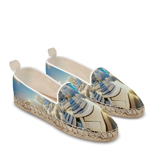 Heavenly Cloud - Blue and White Leather, Printed Fabric Or Jute Innersole, Flat Shoe, Rubberised Hard Wearing Sole, Loafer Espadrilles