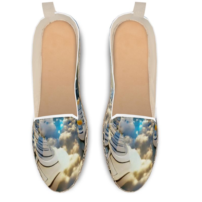 Heavenly Cloud - Blue and White Leather, Printed Fabric Or Jute Innersole, Flat Shoe, Rubberised Hard Wearing Sole, Loafer Espadrilles