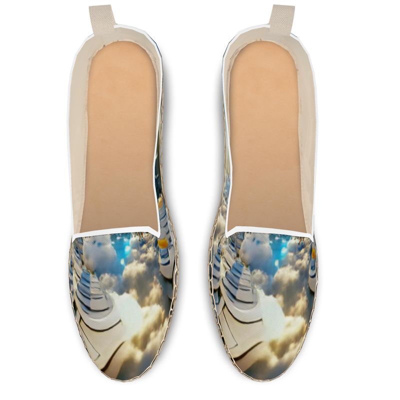 Heavenly Cloud - Blue and White Leather, Printed Fabric Or Jute Innersole, Flat Shoe, Rubberised Hard Wearing Sole, Loafer Espadrilles