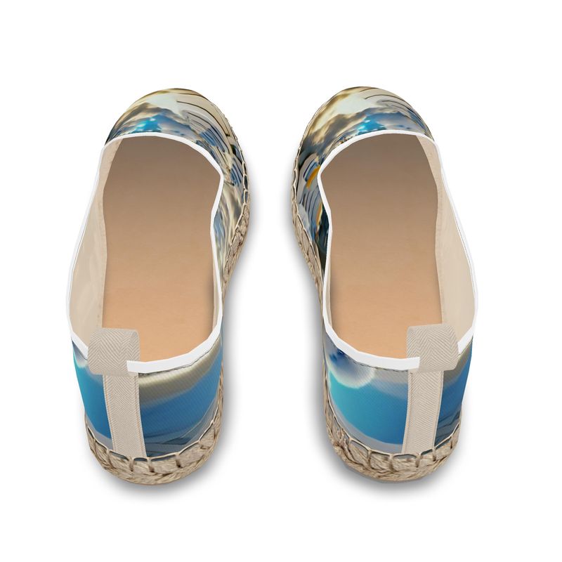 Heavenly Cloud - Blue and White Leather, Printed Fabric Or Jute Innersole, Flat Shoe, Rubberised Hard Wearing Sole, Loafer Espadrilles