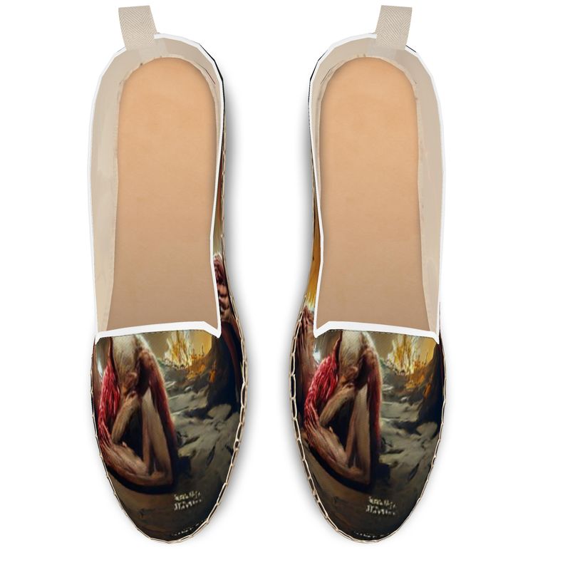 Agony - Black, Red and Brown Leather, Printed Fabric Or Jute Innersole, Flat Shoe, Rubberised Hard Wearing Sole, Loafer Espadrilles