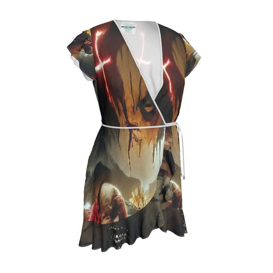 Agony - Black, Red and Brown Flounce Hem & Armholes, Waist Tie, Wrap Design, Fashion Crepe Or Smooth Crepe Tea Dress