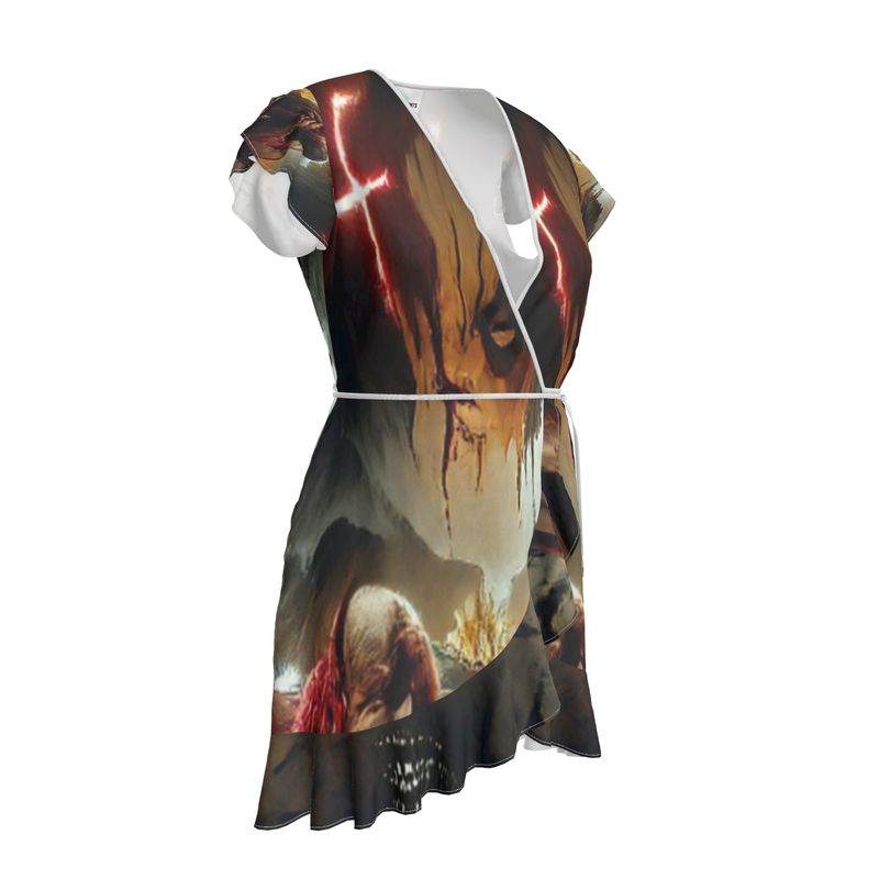 Agony - Black, Red and Brown Flounce Hem & Armholes, Waist Tie, Wrap Design, Fashion Crepe Or Smooth Crepe Tea Dress