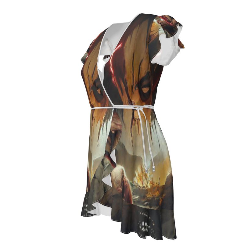 Agony - Black, Red and Brown Flounce Hem & Armholes, Waist Tie, Wrap Design, Fashion Crepe Or Smooth Crepe Tea Dress