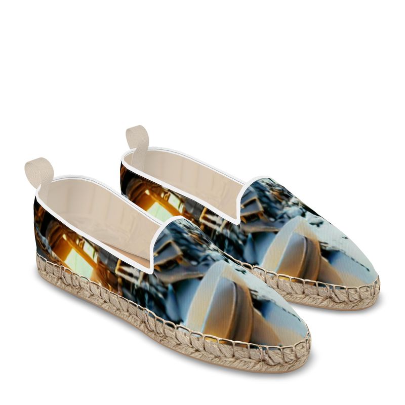 Astonished - Gold Brown & Blue Leather, Printed Fabric Or Jute Innersole, Flat Shoe, Rubberised Hard Wearing Sole, Loafer Espadrilles