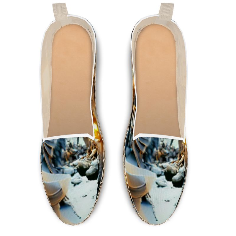 Astonished - Gold Brown & Blue Leather, Printed Fabric Or Jute Innersole, Flat Shoe, Rubberised Hard Wearing Sole, Loafer Espadrilles