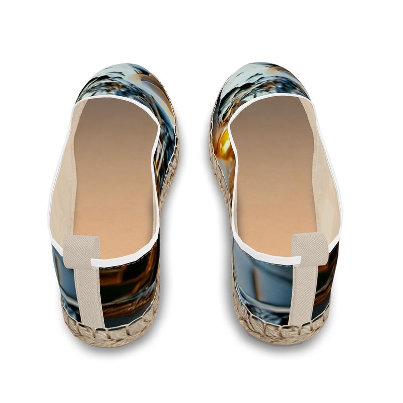 Astonished - Gold Brown & Blue Leather, Printed Fabric Or Jute Innersole, Flat Shoe, Rubberised Hard Wearing Sole, Loafer Espadrilles