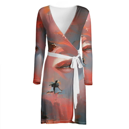 Carefree - Red & Grey V-Neck Long Sleeves, Above Knee Wrap Around Dress Wrap Dress