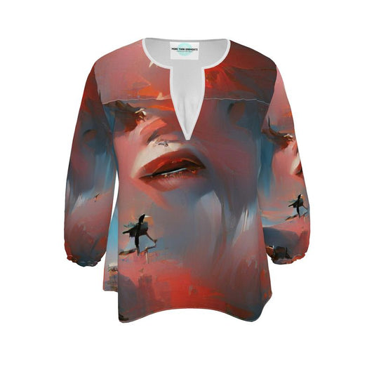 Carefree - Red & Grey Rounded Slot Neckline, 3/4 Length Elasticated Sleeves Women's Blouse