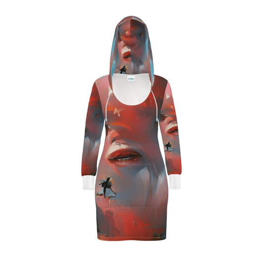 Carefree - Red & Grey Kangaroo Front Pocket, Mini Dress With Long Sleeves, Hooded Dress With Drawstring, Rox Sports Or Ponte Jersey Hoodie Dress