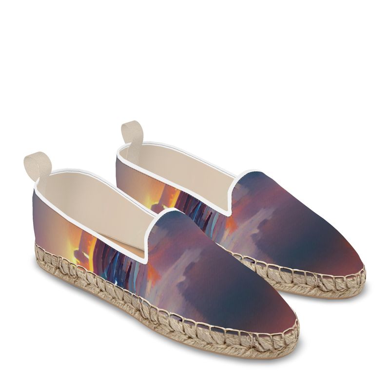 Calm - Purple & Blue Leather, Printed Fabric Or Jute Innersole, Flat Shoe, Rubberised Hard Wearing Sole, Loafer Espadrilles