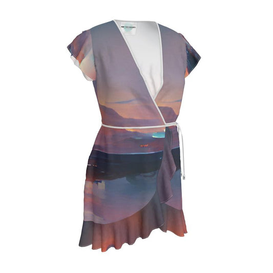 Calm - Purple & Blue Flounce Hem & Armholes, Waist Tie, Wrap Design, Fashion Crepe Or Smooth Crepe Tea Dress