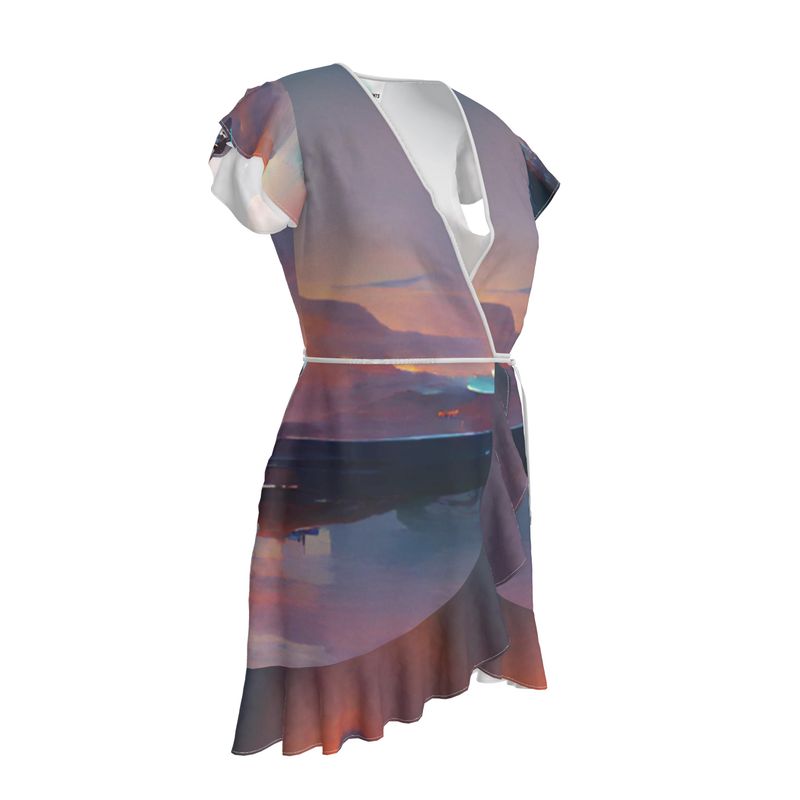 Calm - Purple & Blue Flounce Hem & Armholes, Waist Tie, Wrap Design, Fashion Crepe Or Smooth Crepe Tea Dress