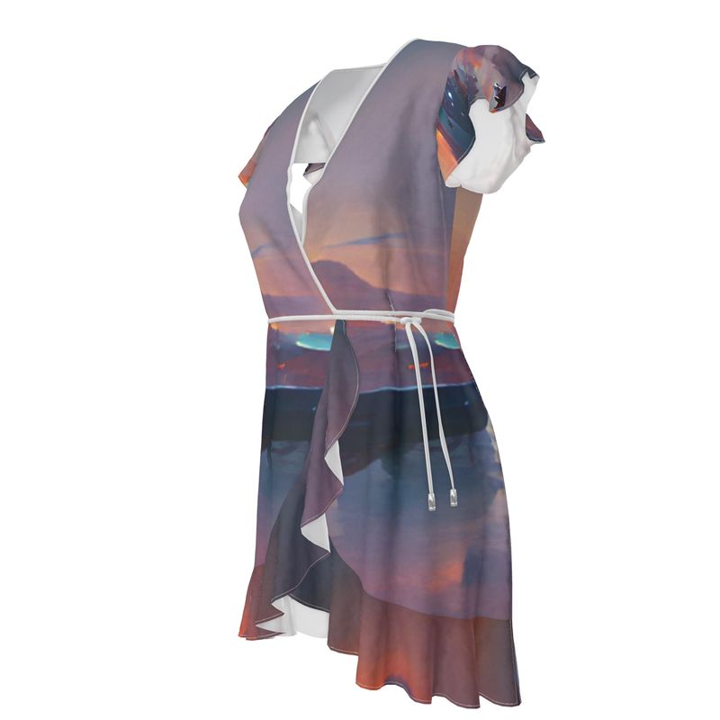 Calm - Purple & Blue Flounce Hem & Armholes, Waist Tie, Wrap Design, Fashion Crepe Or Smooth Crepe Tea Dress