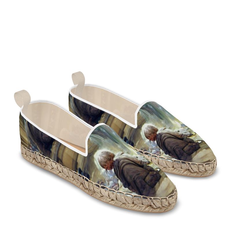 Charity - White & Brown Leather, Printed Fabric Or Jute Innersole, Flat Shoe, Rubberised Hard Wearing Sole, Loafer Espadrilles