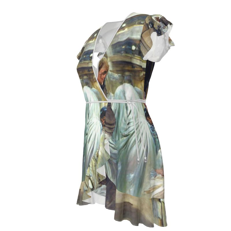 Charity - White & Brown Flounce Hem & Armholes, Waist Tie, Wrap Design, Fashion Crepe Or Smooth Crepe Tea Dress