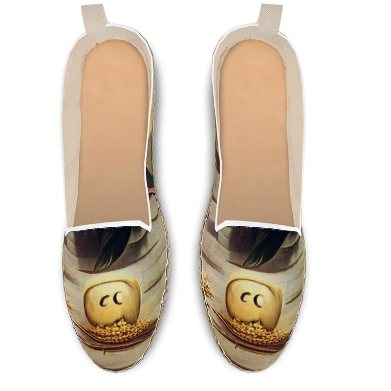 Coercive - Beige & Yellow Leather, Printed Fabric Or Jute Innersole, Flat Shoe, Rubberised Hard Wearing Sole, Loafer Espadrilles