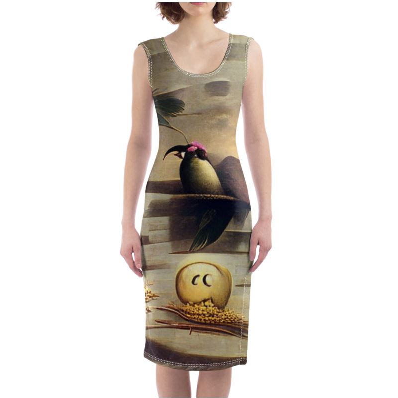 Coercive - Beige & Yellow Silky, Slim Fit Split Leg Bodycon Dress