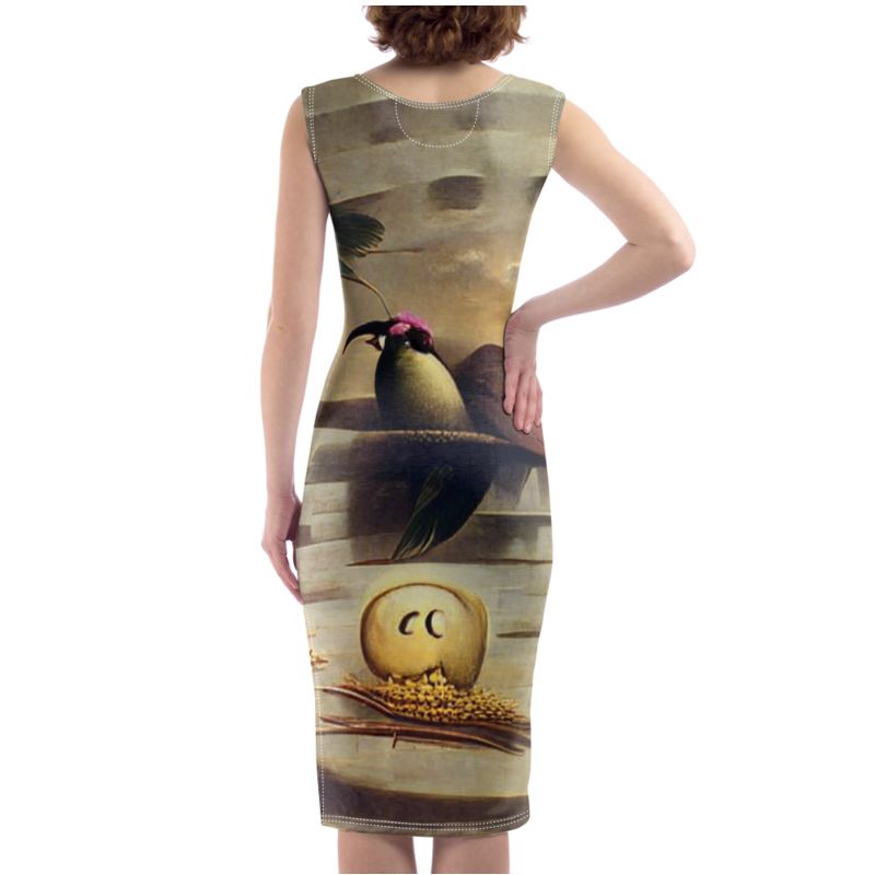 Coercive - Beige & Yellow Silky, Slim Fit Split Leg Bodycon Dress